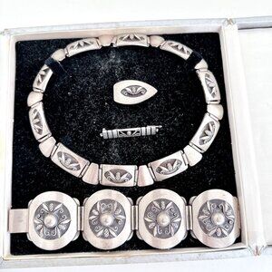 ANTIQUE GEORG JENSEN INC STERLING SILVER NECKLACE BRACELET BROOCH BOXED SET